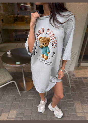 Серое повседневный женская оверсайз футболка-платье с принтом платье-футболка No Brand