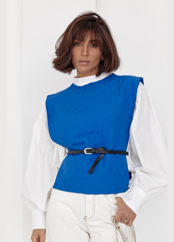 Синяя демисезонная блуза с объемными рукавами с поясом Lurex