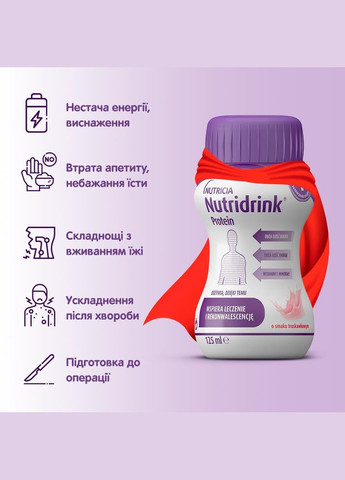 Ентеральне харчування Nutridrink Protein зі смаком полуниці, 4х125 мл Nutricia (331861148)