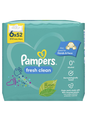 Детские влажные салфетки Fresh Clean, 312 шт. (6 уп. по 52 шт.) Pampers (332943826)