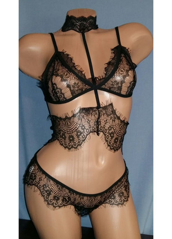 Черный демисезонный женский кружевной комплект с портупеей. No Brand