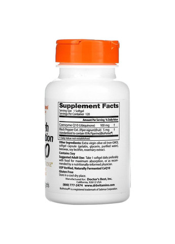 Коензим Q10 з високим ступенем всмоктування з BioPerine, Coenzyme,, 100 мг, 120 капсул Doctor's Best (365986924)