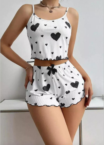 Чорно-біла всесезон піжама в сердечка з принтом для жінок легкий комплект з сердечками для дому жінкам набір бантик з шортами майка + шорти Cindylove