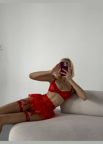 Красный комплект женского белья тонкая сеточка красного цвета No Brand