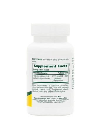 Витамины и минералы Folic Acid 800 mcg, 90 таблеток Natures Plus (322291956)