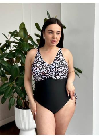 Черный летний женский купальник плюс сайз леопардовый верх низ / женский купальник больших размеров леопард пудровый черный No Brand