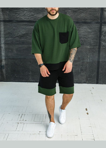 Оливковый (хаки) летний комплект мужской оверсайз (шорты+футболка) No Brand комплект