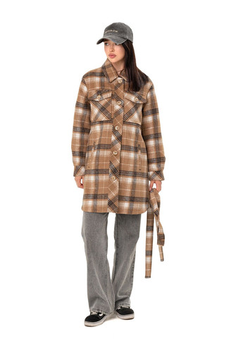 Песочное демисезонное Пальто-рубашка Рикки кэмел клетка (Рубашечная ткань-три полосы) Emass