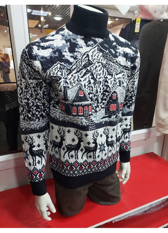 Синий зимний свитер мужской новогодний джемпер олени унисекс под горло No Brand