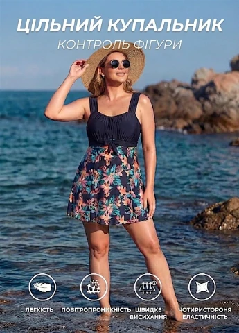 Черный летний слитный купальник - платье tankini swimwear with shorts черный (9942) слитный FS