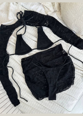 Черный летний женский купальник раздельный + юбка + топ раздельный No Brand