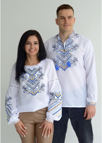 Біла чоловіча вишиванка на довгий рукав у сучасному стилі на домотканому полотні візерунок орнамент пряма, вільна бавовна (355463845)