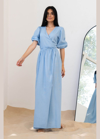 Блакитна повсякденний, кежуал подовжене плаття- з льняної тканини на запах Jadone Fashion однотонна