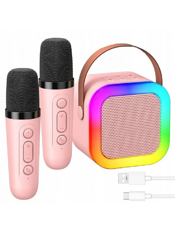Портативна колонка з двома караоке мікрофонами RGB підсвічуванням Bluetooth USB microSD Type-C 9х7х9 см (476423-Prob) Рожева Unbranded (281326414)
