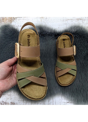 Босоніжки жіночі коричневі з оливковим шкіряні з пряжкою Inblu (333759964)