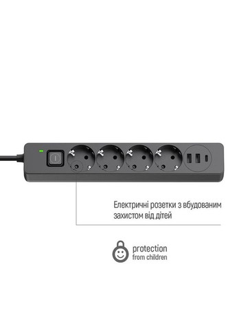 Фильтр питания CW-CHE432PDB 4 розетки, 3USB (2USB-A+1 TYPE-C) (24W), 2м, Black Colorway (336958714)