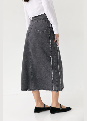 Темно-серая повседневная, вечерний однотонная джинсовая юбка миди с разрезом и бахромой Liton