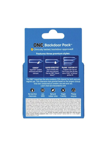 Презервативи універсальні Backdoor Pack для вагінального та анального сексу (ціна за упаковку, 3 шт.) One (327876609)