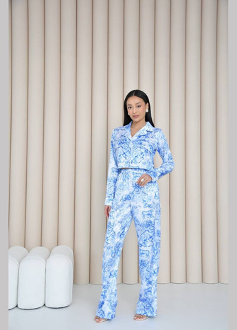 Жіночий костюм з кроп-топом та широкими штанами зі штучного шовку MonCher (334676406)