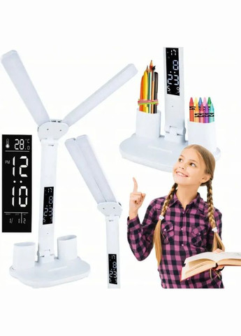 Настольная лампа с часами и подставкой для телефона Rotary Table Lamp с двумя плафонами на аккумуляторе с термометром Белая No Brand (326800195)
