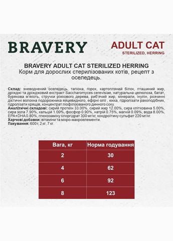 Сухий корм для дорослих стерилізованих кішок Herring Adult Cat Sterilized з оселедцем 7 кг (8436538950708) Bravery (308976764)