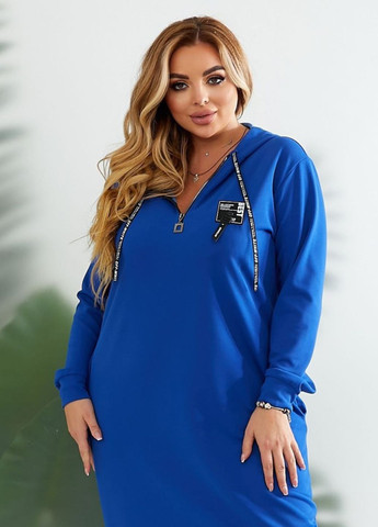 Синее повседневный женское платье из креп-дайвинга с капюшоном и декольте на молнии платье-худи Allthings однотонное