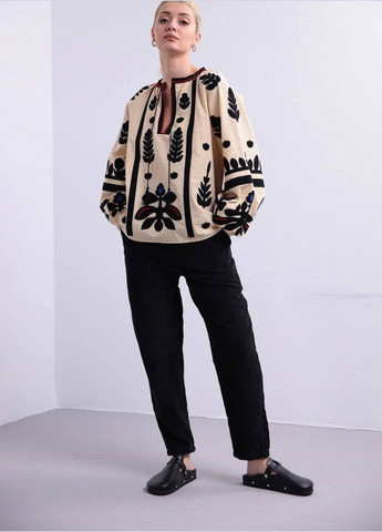 Бежевая вышиванка Garna узор орнамент свободная хлопок, полиэстер (325989468)