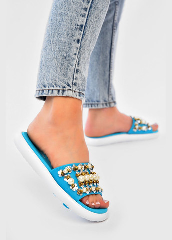 Голубые шлепки женские голубого цвета с бусинками Let's Shop с бусинами