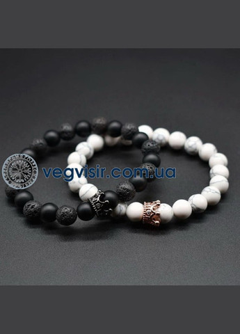 Парні браслети для двох закоханих з шунгіту вулканічного каменю чорний і білий з короною КОРОНА No Brand (343051595)