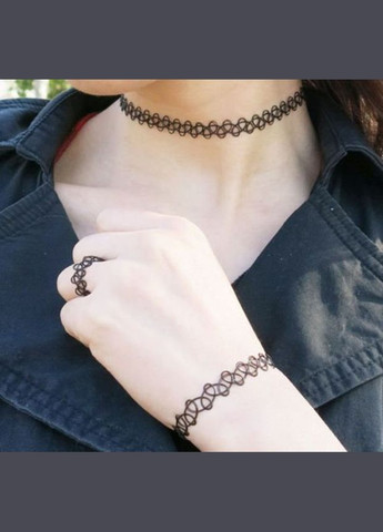 Шикарный набор черных чокеров чокер на шею, браслет и кольцо плетеный Панк готический ошейник ожерелье No Brand (346125132)