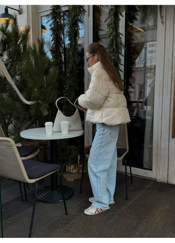 Бежевая зимняя куртка пуфер дорогая плащевка+ наполнитель пух, с карманами Україна