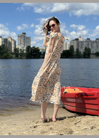 Бежева квітчаста сукня сарафан з оборкою 5777 Cat Orange
