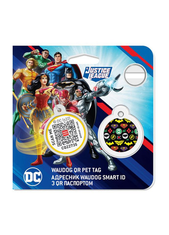 Адресник для собак та котів металічний Smart ID з QR паспортом, малюнок "Супергерої логоманія", круг, Д 25 мм WAUDOG (365061858)