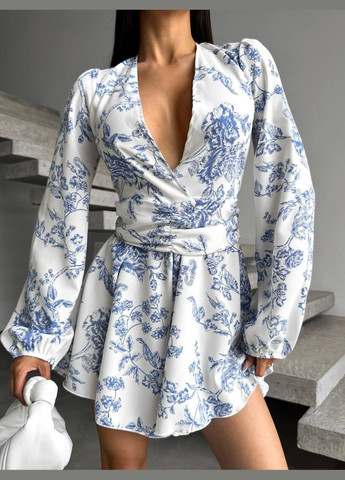 Повседневный белый ромпер в цветочном принте из американского крепа, короткий летний ромпер с длинным рукавом No Brand 308 цветочный белый