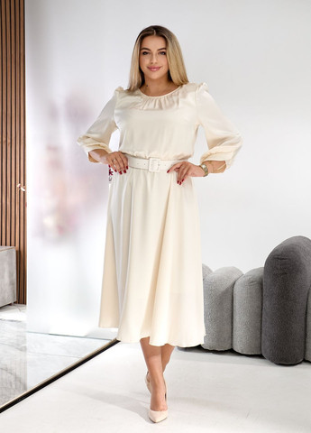 Светло-бежевое праздничный, коктейльное, вечернее вечернее платье миди с длинными рукавами и поясом колокол, а-силуэт No Brand однотонное