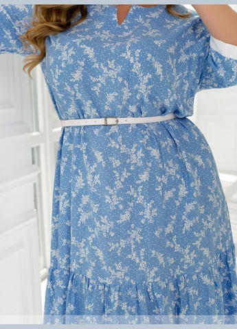 Блакитна кежуал сукня №247 з м'якого трикотажу з рукавами-ліхтариками та v-подібним вирізом sf-247 голубой, 50-52 Sofia