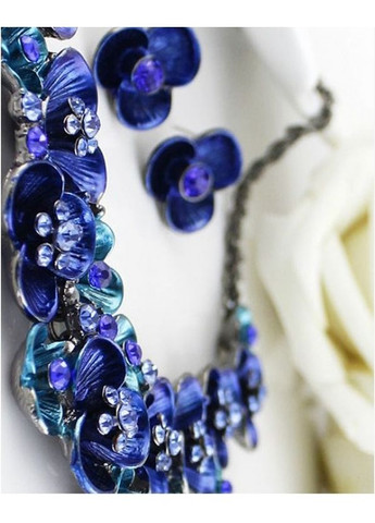 Синій набір біжутерії - кольє та сережки в стразах Квіти, 4852 Fashion Jewelry (360608170)