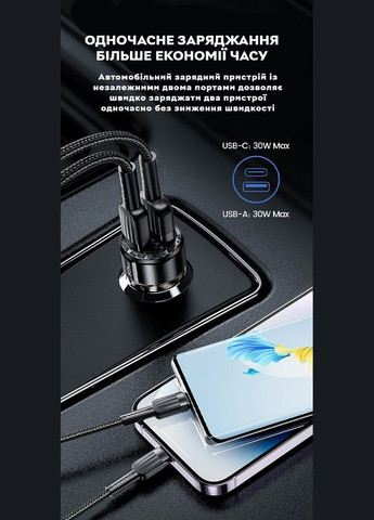 Зарядное устройство для автомобильного прикуривателя 60W (1 Type-C 30w + 1 USB 30w), Black Transparent Toocki (347642731)