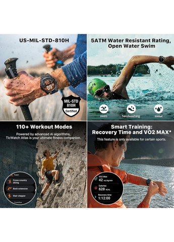 Умные часы Ticwatch Atlas для мужчин, Android Wear OS, фитнес-трекер, 5ATM, GPS-компас, Android Smart Watch (356493961)