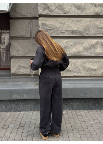 Женский флисовый комбинезон оверсайз с воротником-стойкой и молнией. MonCher комбинезон-брюки графитовый спортивный флис