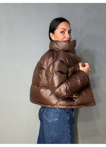 Коричневая демисезонная куртка женская 10015 короткая глянцевая пуффер коричневая Lady yep