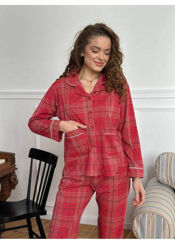 Красная всесезон женская пижама - домашний костюм. рубашка + брюки No Brand