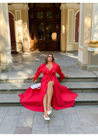 Червона святковий, коктейльна, вечірня довга сукня з воланами а-силует Україна однотонна
