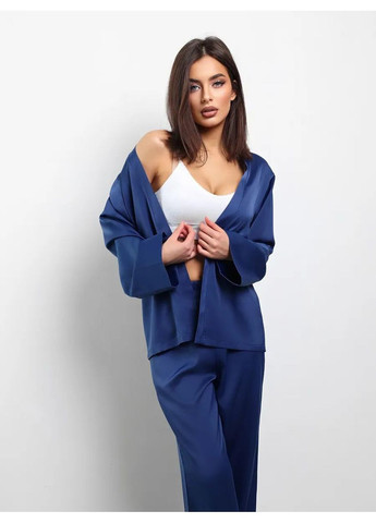 Синяя всесезон атласный пижамный комплект в стиле kimono 3в1 халат рубашка брюки рубашка + брюки No Brand Піжама Kimono чорна