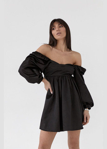 Черное вечернее атласное платье-мини с пышной юбкой и с открытой спиной 6000 Lurex однотонное