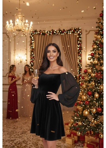 Черное вечернее платье из бархата с прозрачными рукавами Nositi