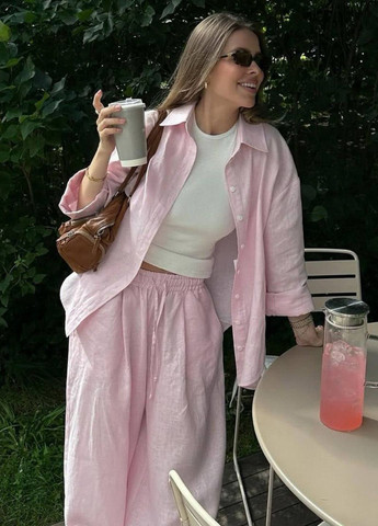 Базовый легкий летний повседневный свободный костюм двойка: рубашка на пуговицах + широкие брюки Tik-Tak (331237054)