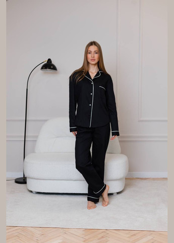Чорна класична піжама з натуральної тканини штани та рубашка Shine