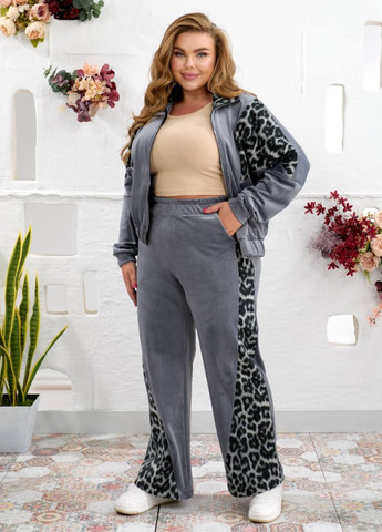 Базовий повсякденний демісезонний велюровий костюм двійка з леопардовими вставками: кофта на блискавці + штани Tik-Tak (363987908)