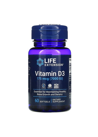 Витамин D3 Vitamin D3 175 mcg (7000 IU) - 60 softgels Life Extension (285736249)